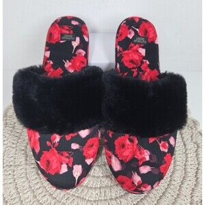 NEW Victoria's Secret Satin Floral House Slippers MEDIUM 7/8 Faux Fur Red Rose